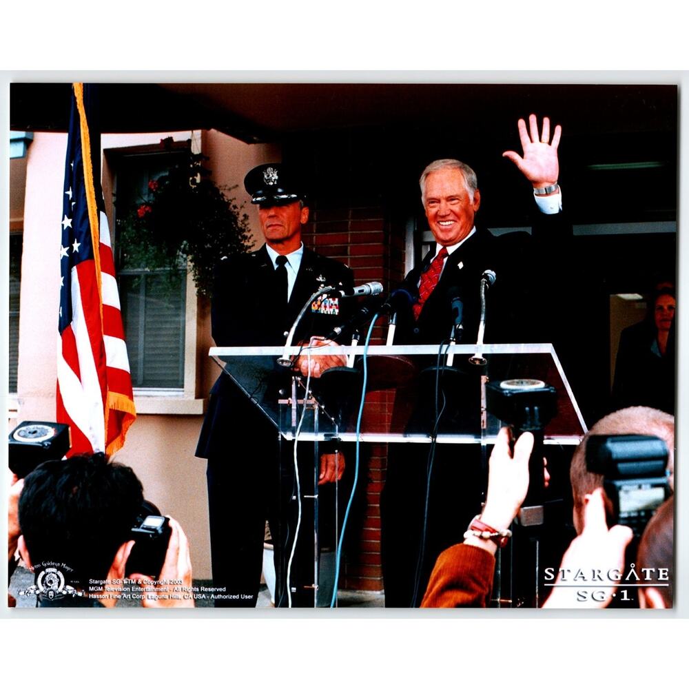 Stargate SG-1 2003 Press Photo Military Ceremony with Flag and Microphones